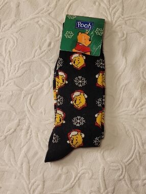 Disney Pooh Black Crew Socks with Yellow & Red Holiday Motif